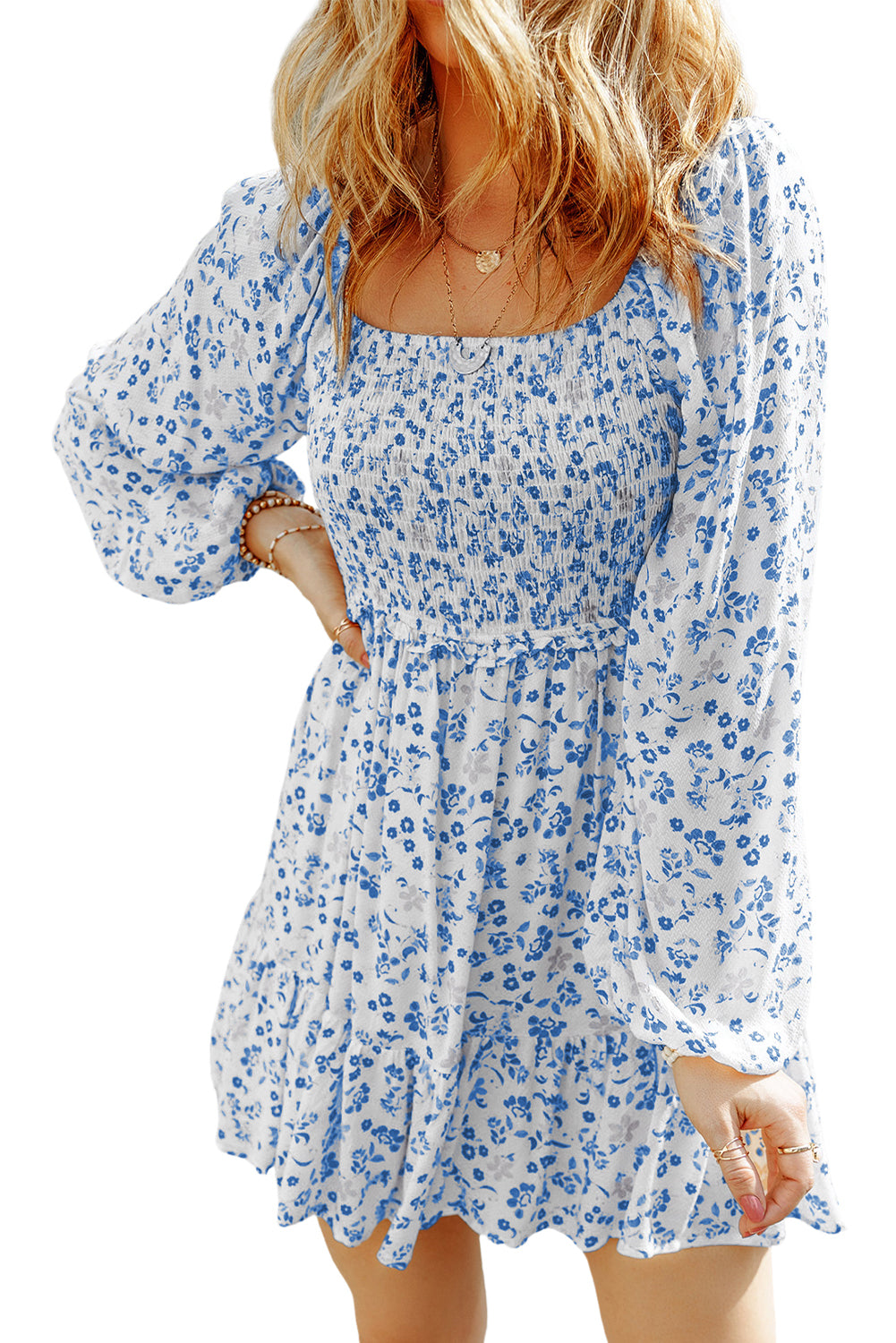 Pear Green Boho Floral Smocked Puff Sleeve Mini Dress eAura