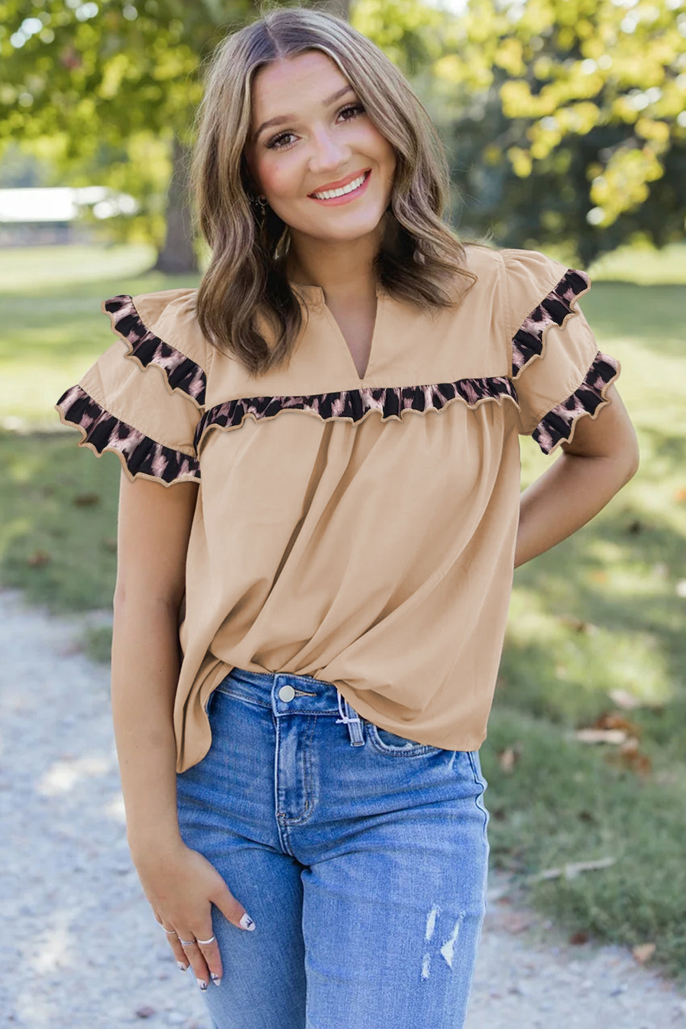 Smoke Grey Leopard Ruffles Trim Tiered Short Sleeve Blouse eAura