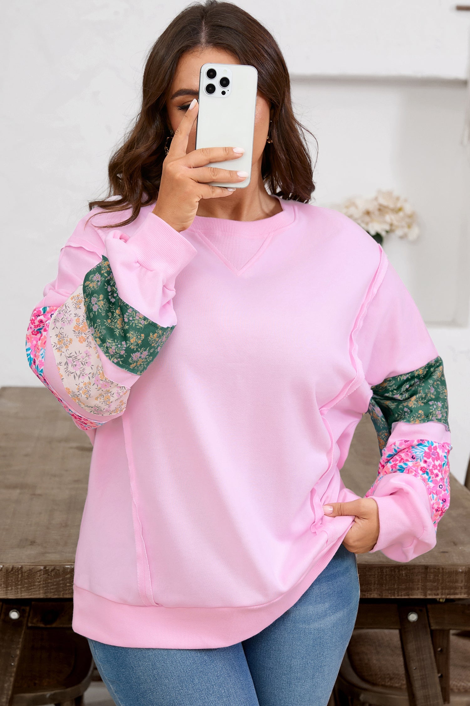 Pink Plus Size Mix Floral Patched Sleeve Ribbed Trim Oversized Sweatshirt - eAura