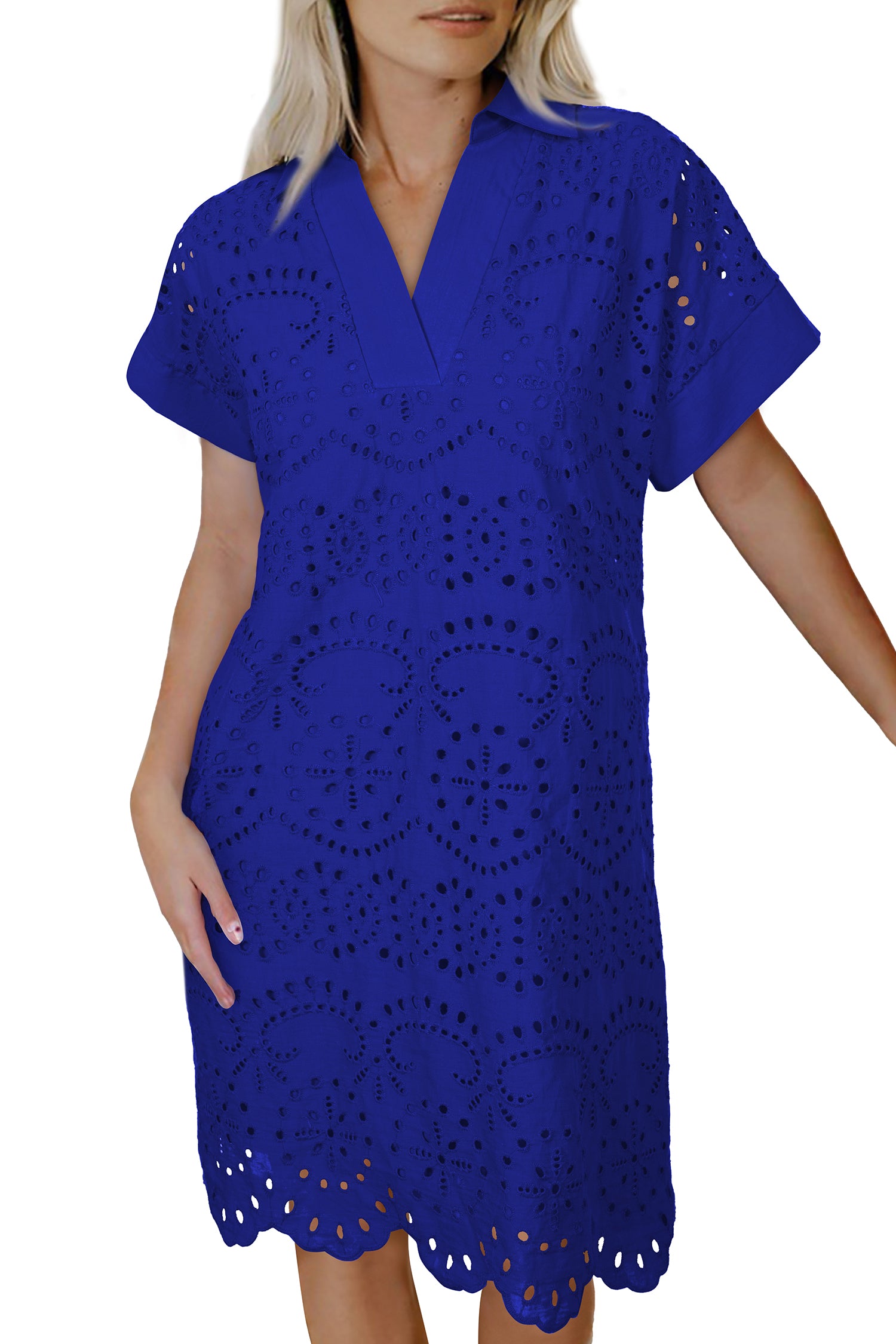 Solid Color Eyelet Embroidered T Shirt Mini Dress – Rose Red
