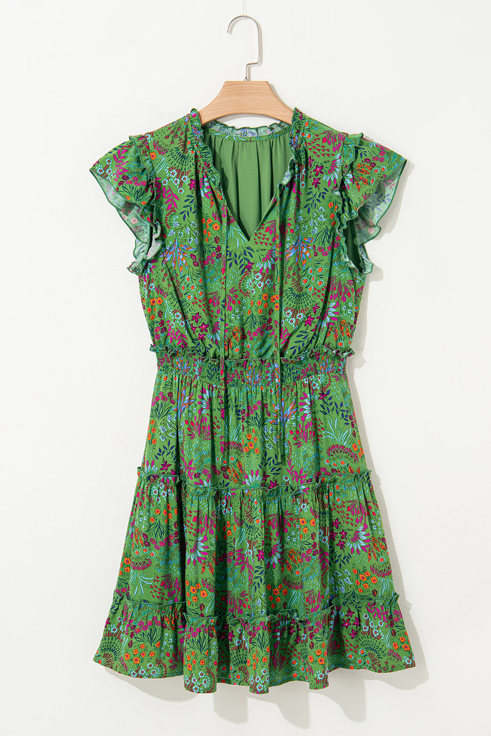 Green Floral Tie Split Neck Frilly Ruffle Trim Tiered Short Dress eAura