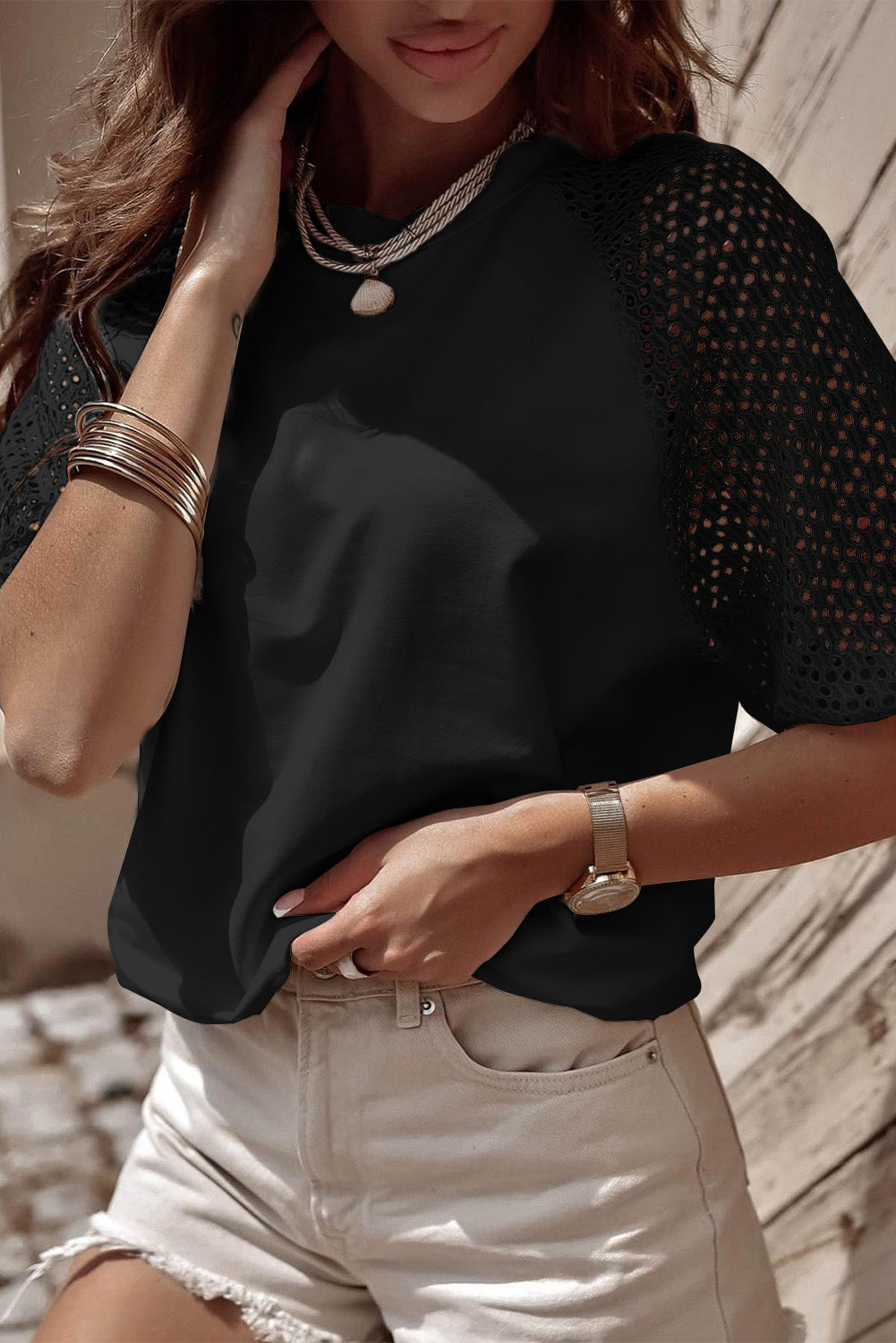 Black Pointelle Lace Half Sleeve Crew Neck Tee eAura