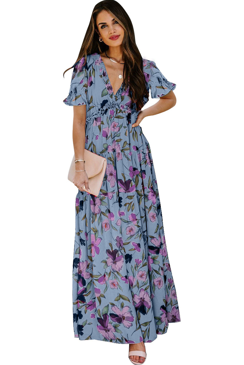 Floral Print Frilled V-Neck Short Sleeve Maxi Dress
