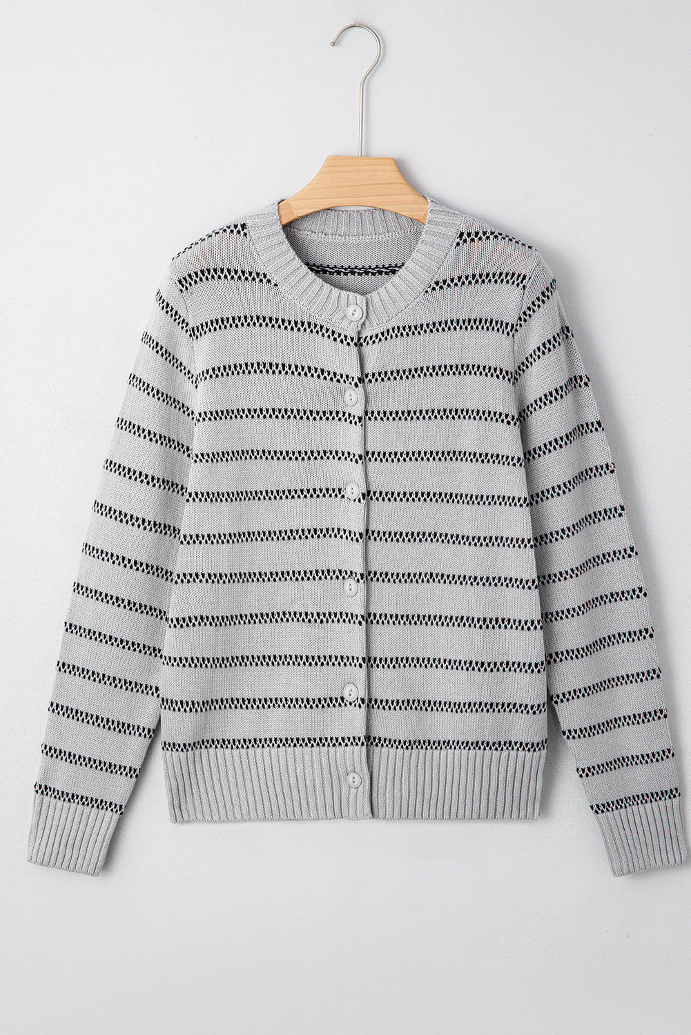 Grey Stripe Button Front Ribbed Trim Short Cardigan
