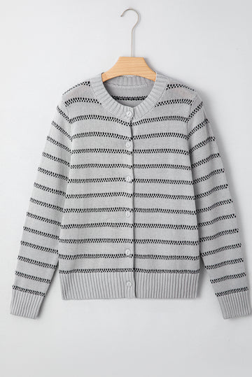 Grey Stripe Button Front Ribbed Trim Short Cardigan