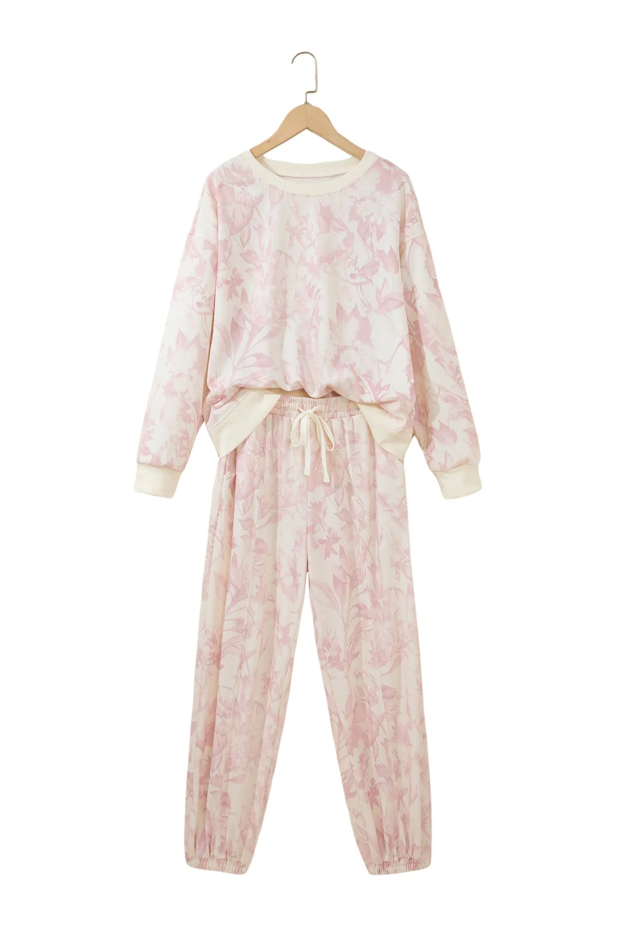Abstract Print Drop Shoulder Drawstring Waist Drawstring Hem Pant Set – Pink