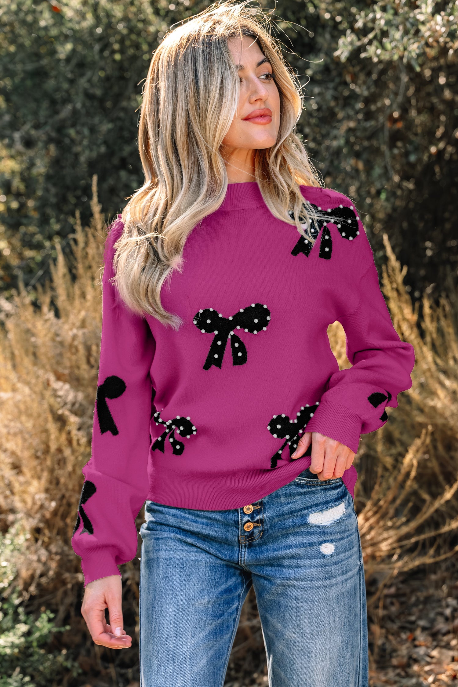 Pearl Embellished Bow Pattern Loose Sweater - Pink / S - Sweaters & Cardigans/Sweaters