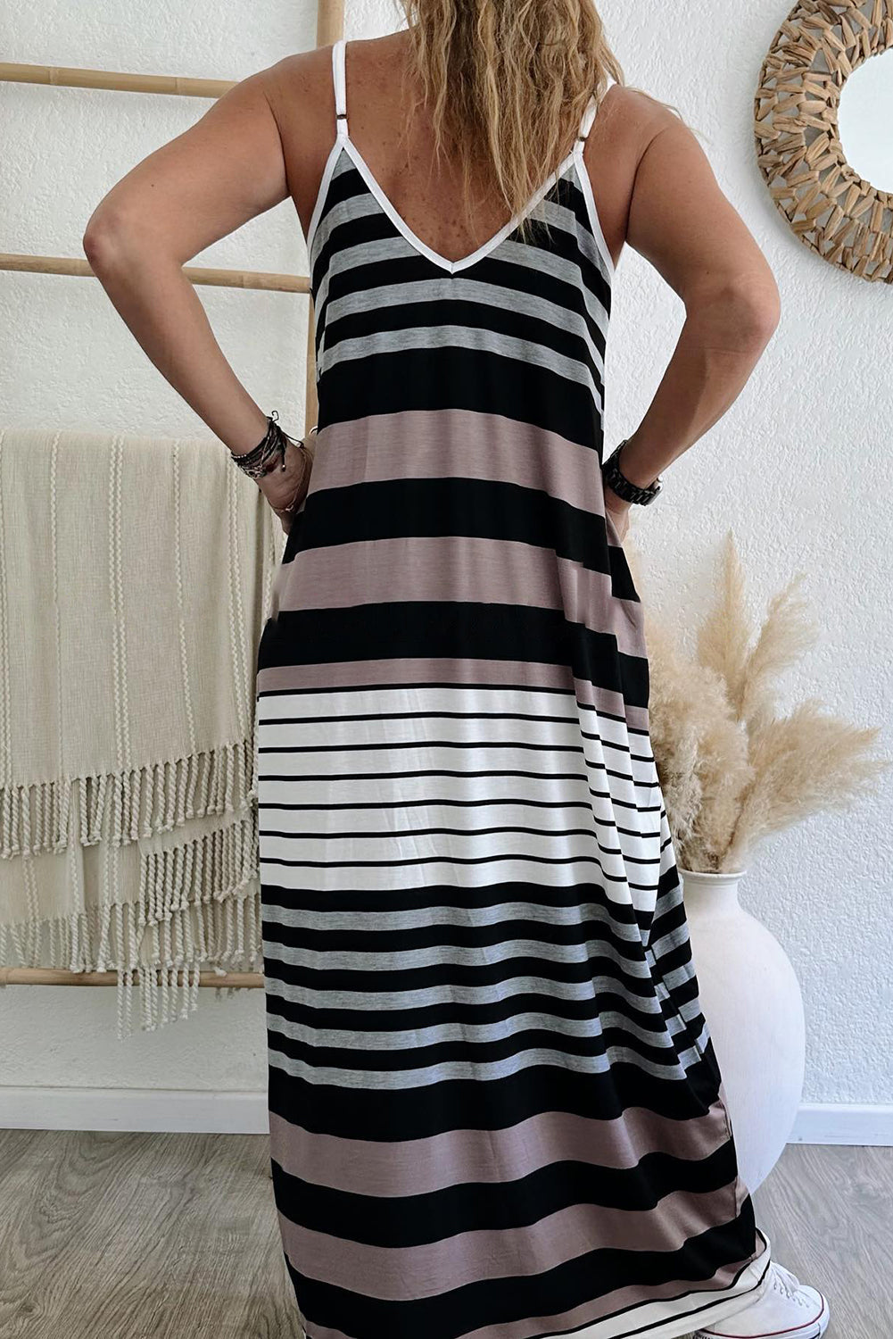 Multicolour Mixed Stripes Spaghetti Straps V Neck Maxi Dress eAura