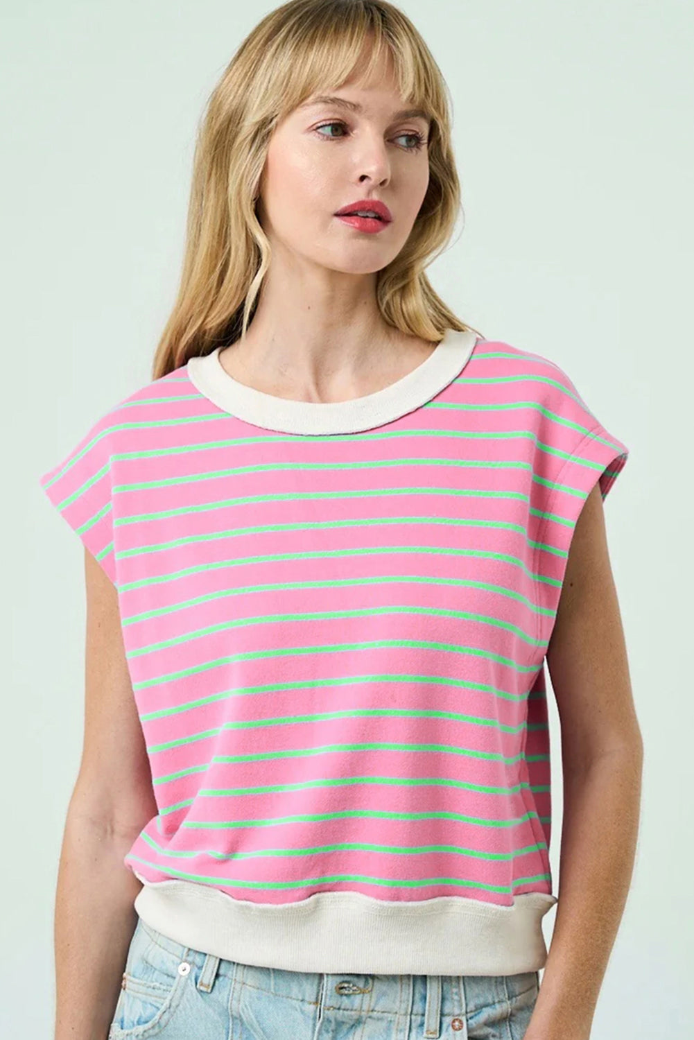 Pink Striped Crew Neck Cap Sleeve T Shirt - eAura