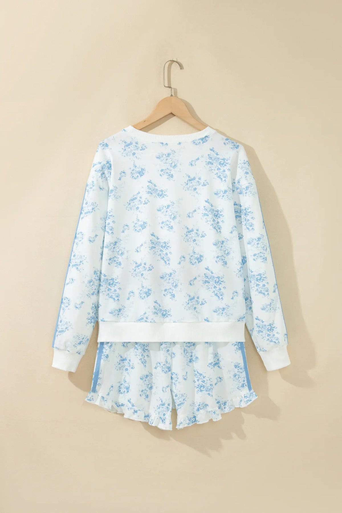 Sky Blue Floral Print Striped Detail Long Sleeve Top Ruffle Hem Shorts 2pcs Set – Light Blue