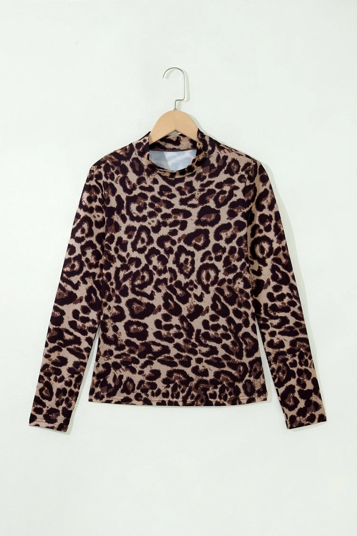 Leopard High Neck Long Sleeve Western Slim Top – Khaki