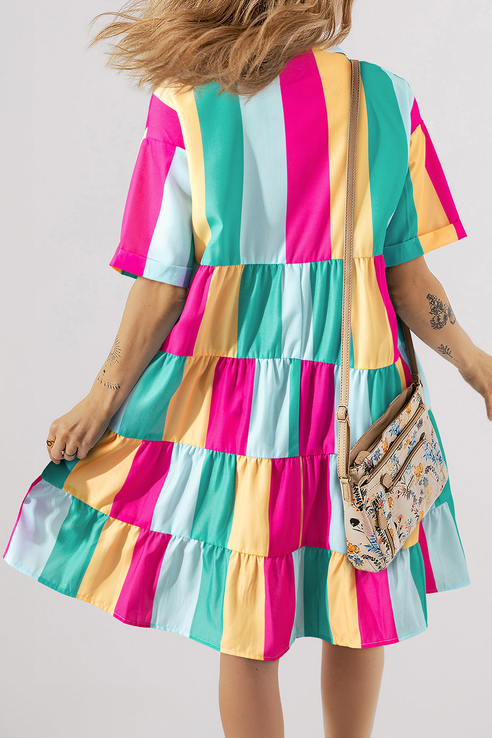Rose Stripe Colourblock Short Sleeve Mini Shirt Dress eAura