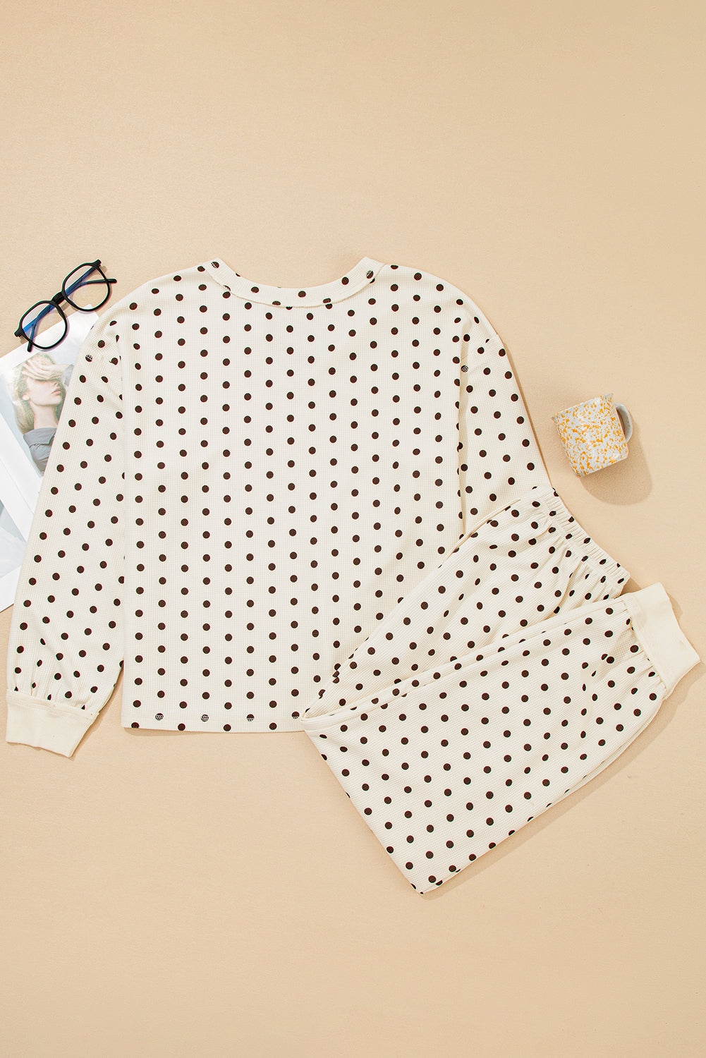 White Polka Dot Print Long Sleeve Top and Drawstring Bottoms Pyjamas eAura