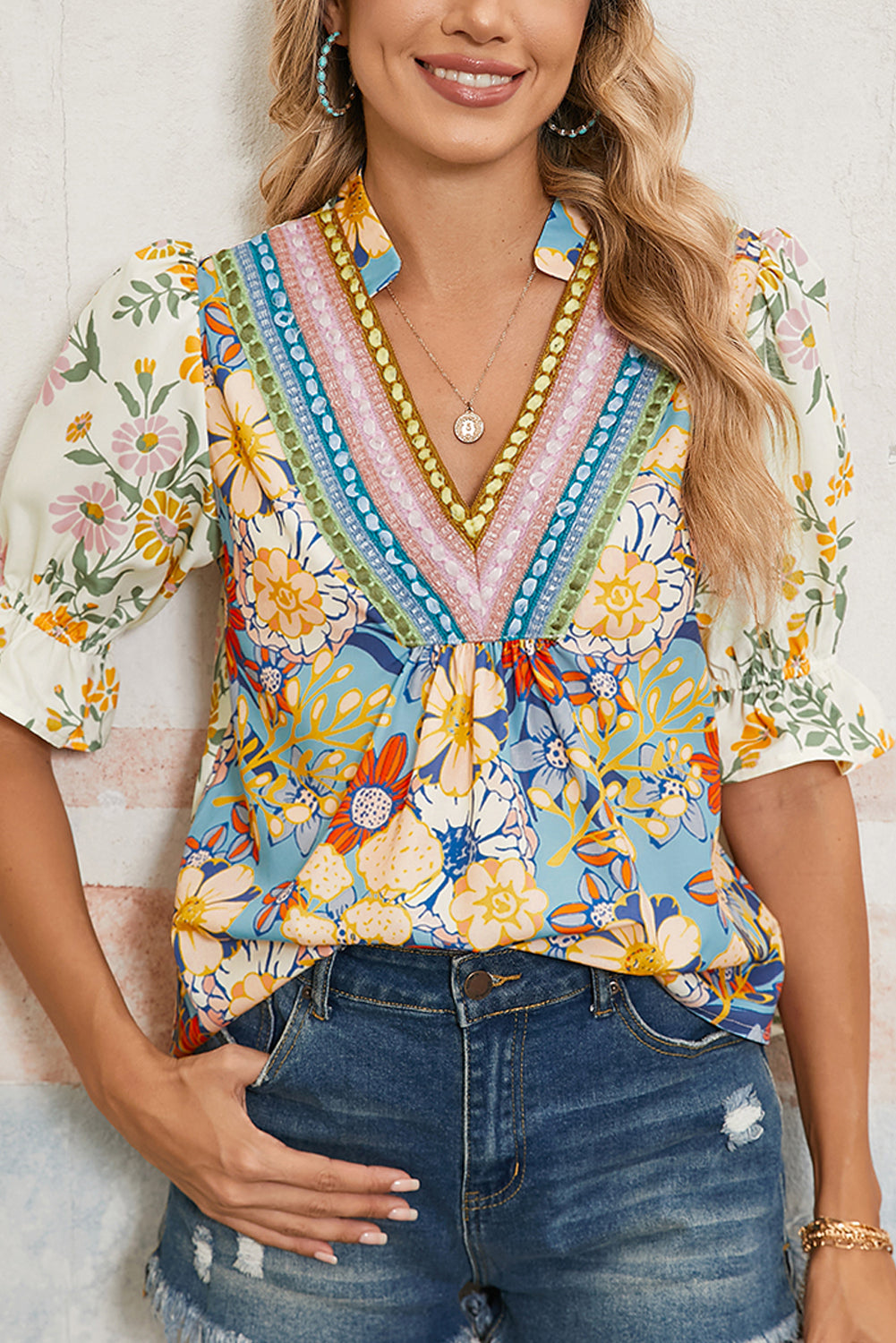 Multicolour Crochet V Neck Half Sleeve Boho Floral Blouse Dear-Lover Dropshipping