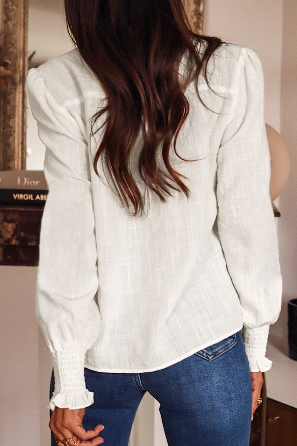 White Floral Embroidered Shirred Sleeve Elegant Shirt eAura