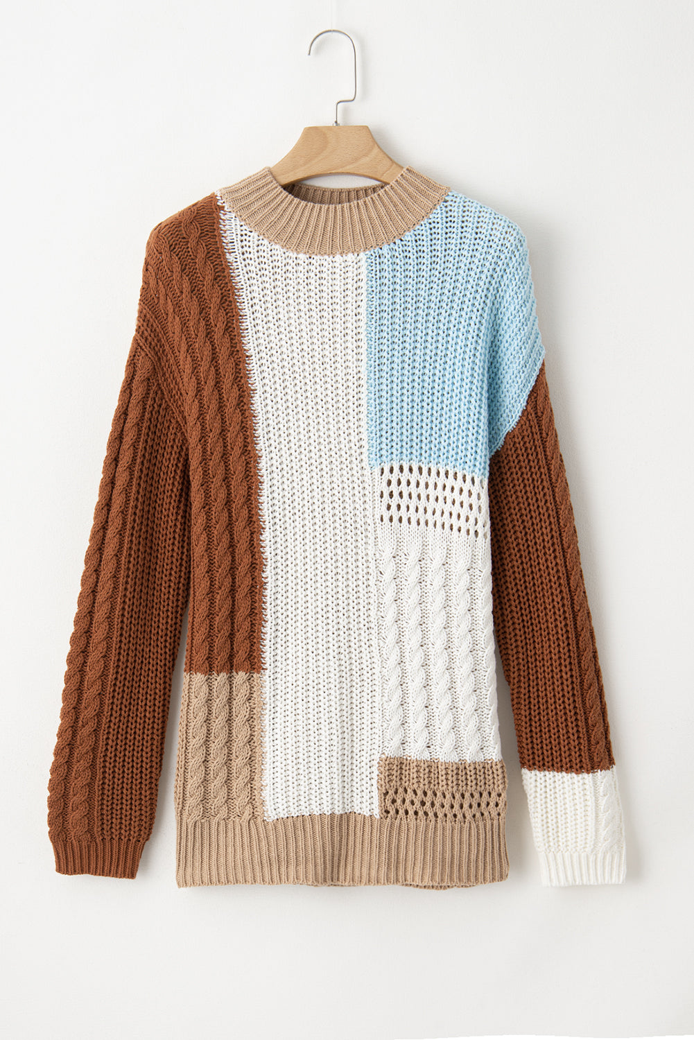 Khaki Mix Textured Knit Colourblock Patchwork Sweater eAura