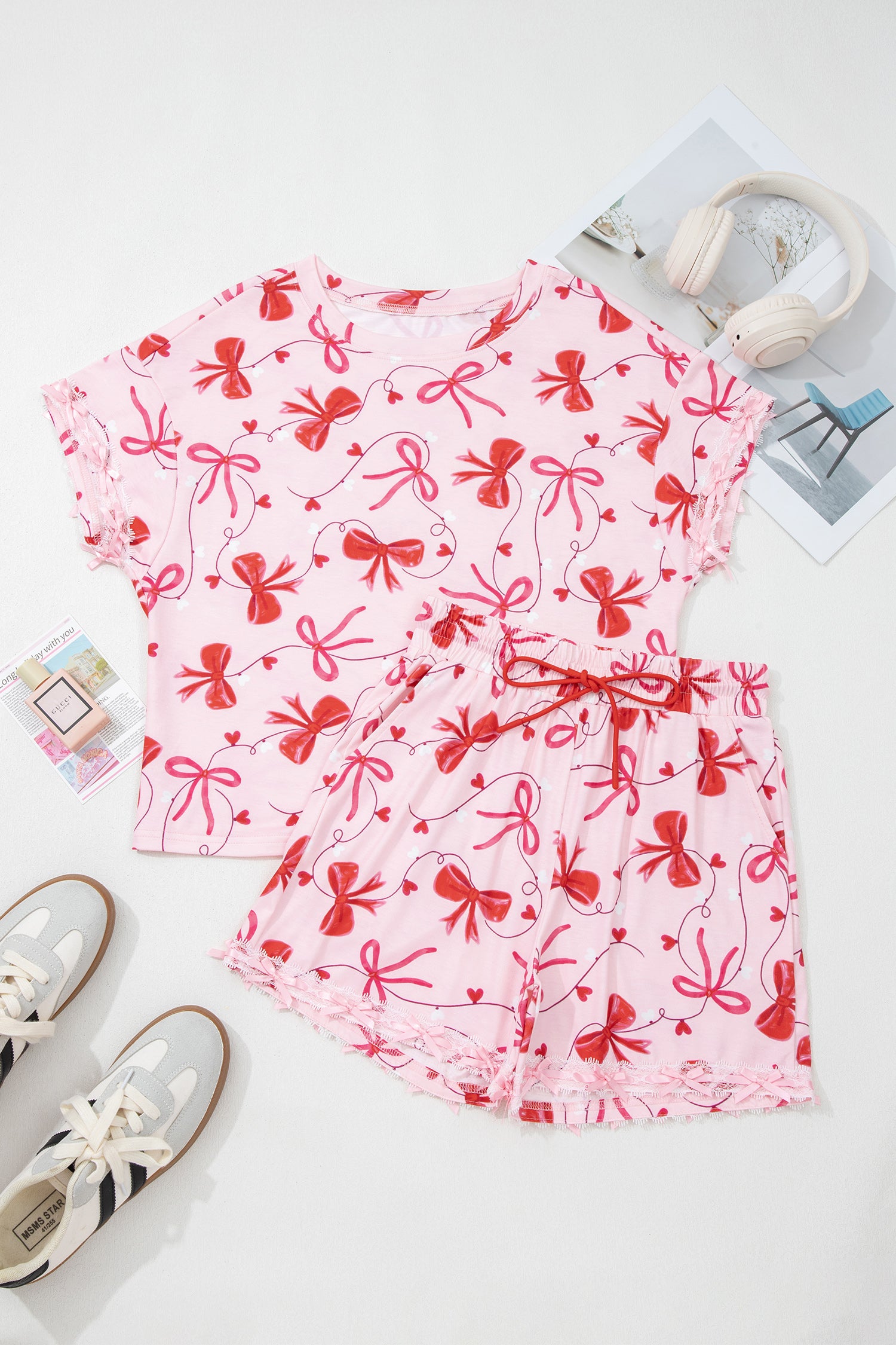 Romantic Bow Print Loose Tee Drawstring Shorts 2pcs Lounge Set – Red