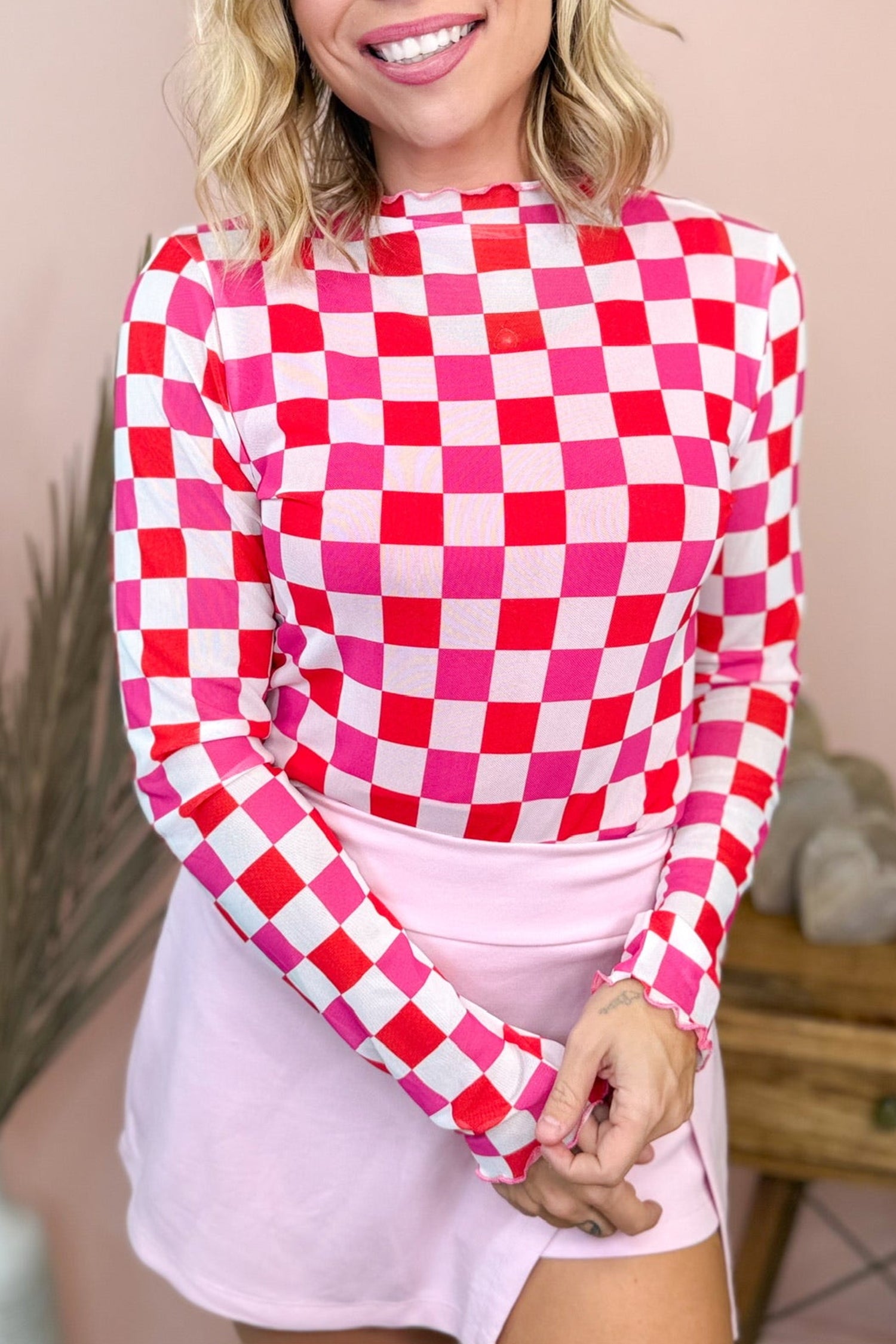 Plaid Heart Mesh Sheer Long Sleeve High Neck Blouse – Black