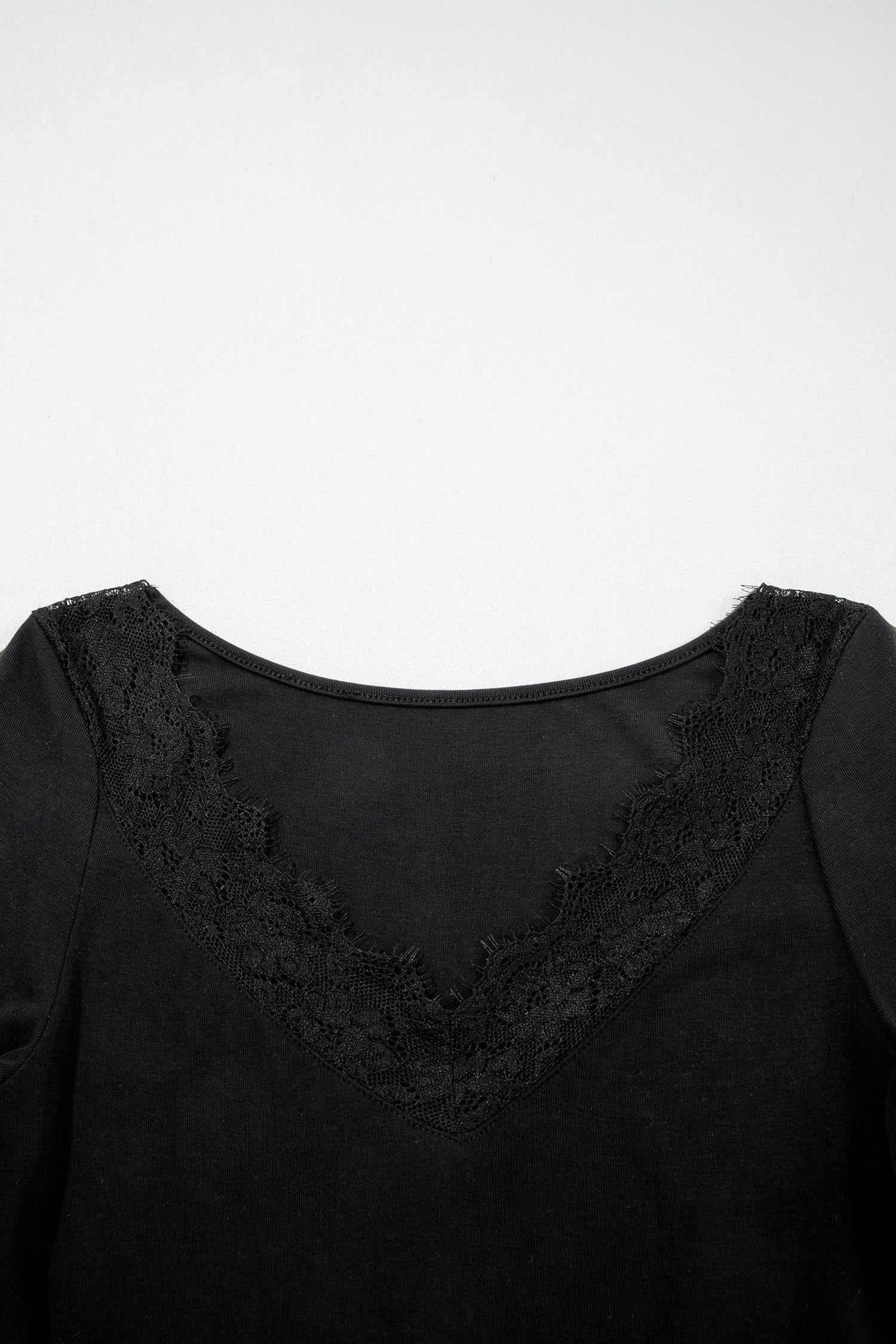 Lace Trim Elegant Neckline Long Sleeve Slim Top – Black