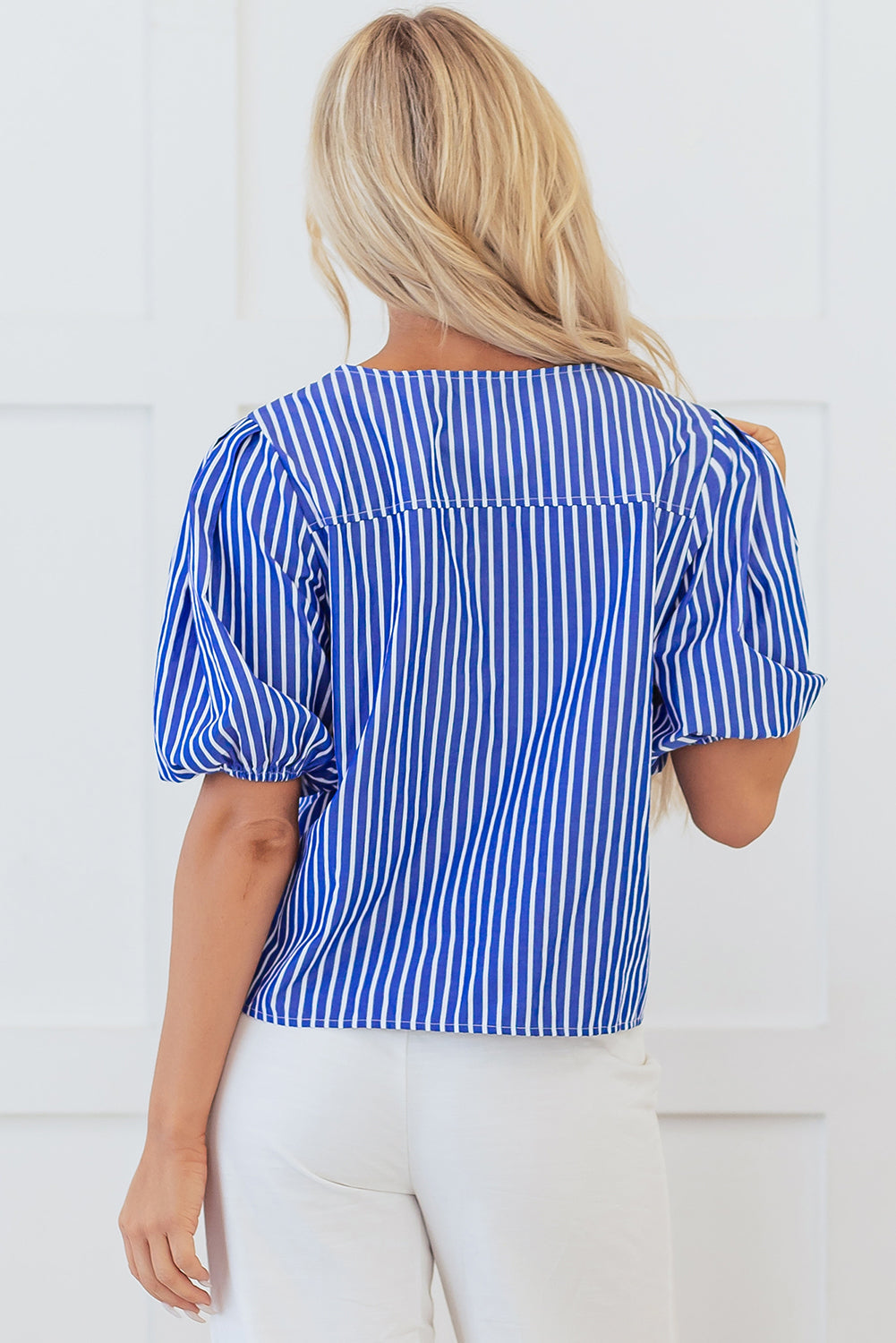 Blue Stripe Tied Front Puff Short Sleeve Blouse eAura