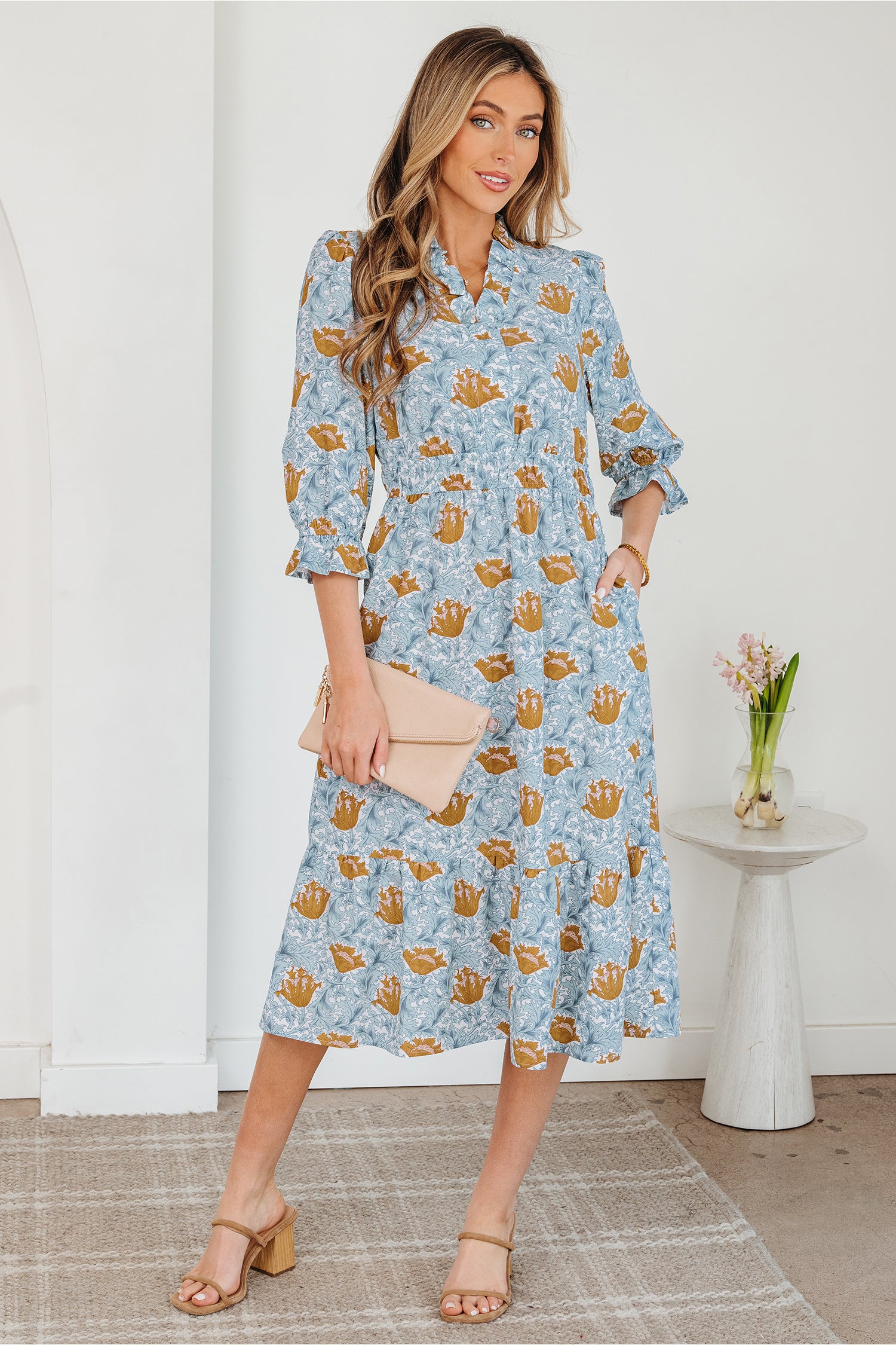 Floral Printed Frilled V-Neck Bracelet Sleeve Long Dress