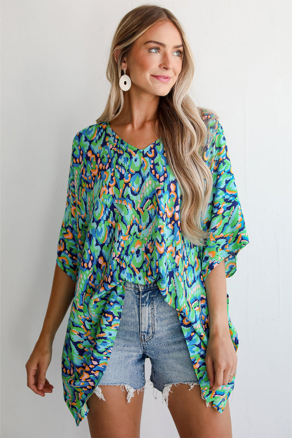 Green Abstract Print V Neck Half Sleeve Loose Fit Tunic Blouse eAura