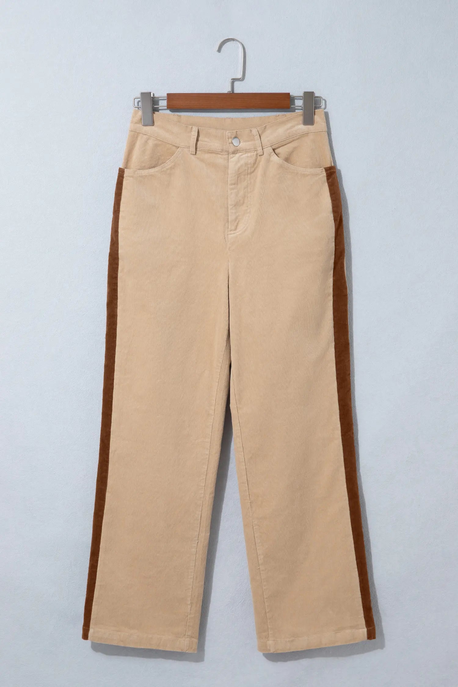 Ribbed Side Panel Colourblock Straight Leg Trousers – Latte