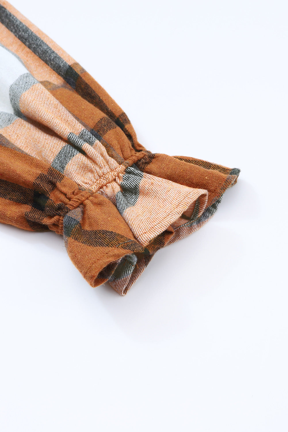 Khaki Plaid Pattern Collared Neck Ruffled Sleeve Shirt Dress eAura