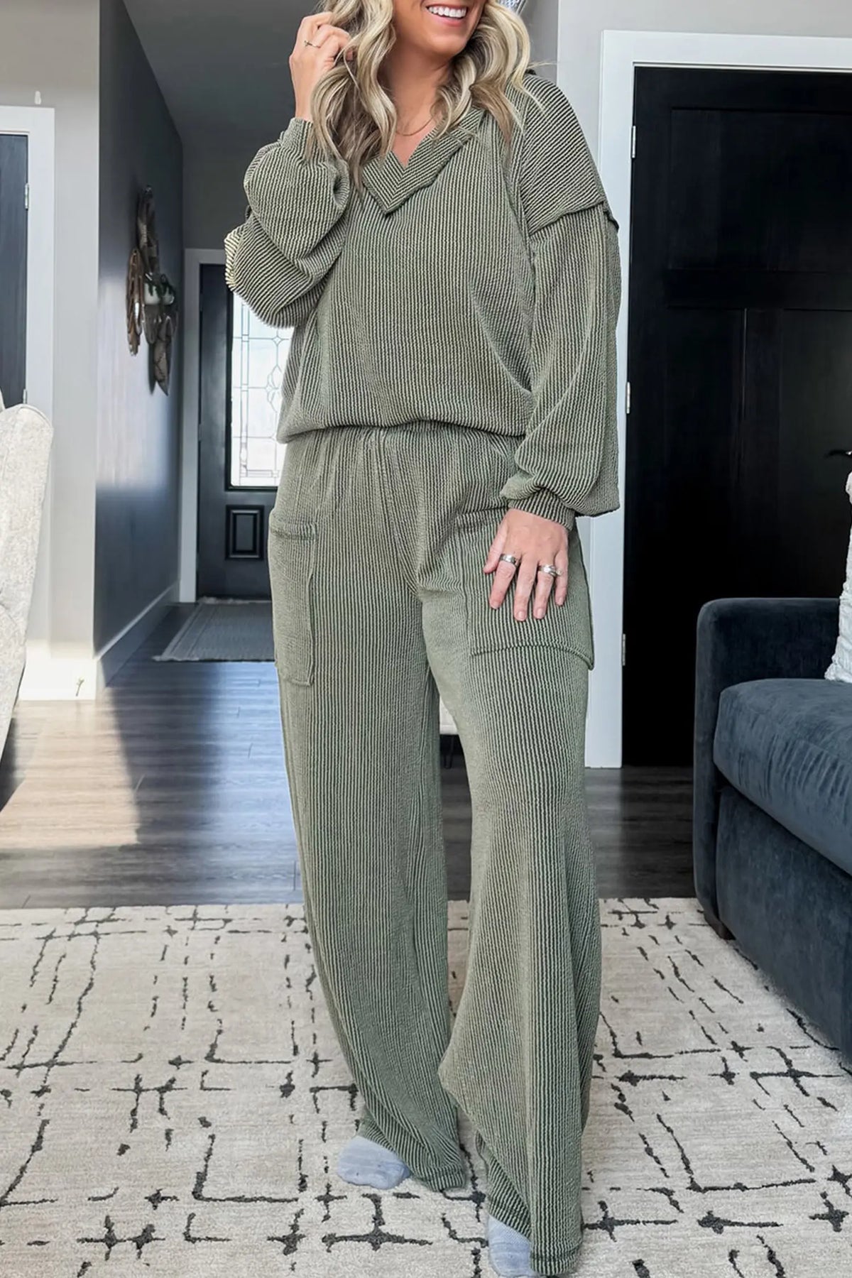 Twisted Ribbed Exposed Seam Detail V Neck Pullover Plus Size Pant Set – Four Leaf Clover