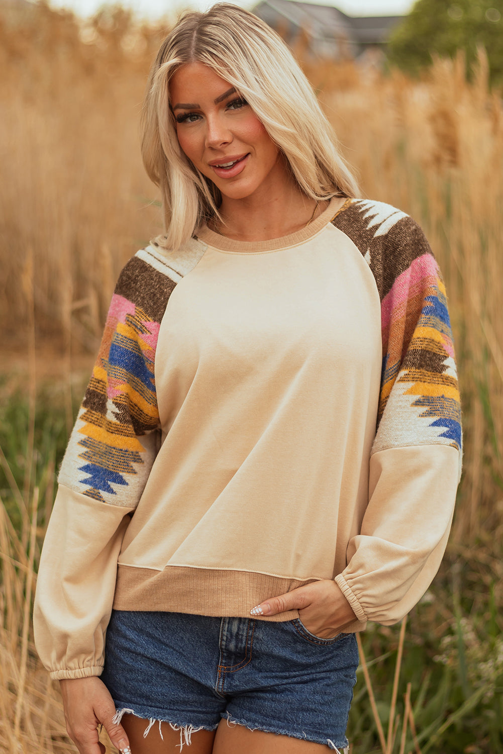 Aztec Patchwork Raglan Pullover Sweatshirt - eAura