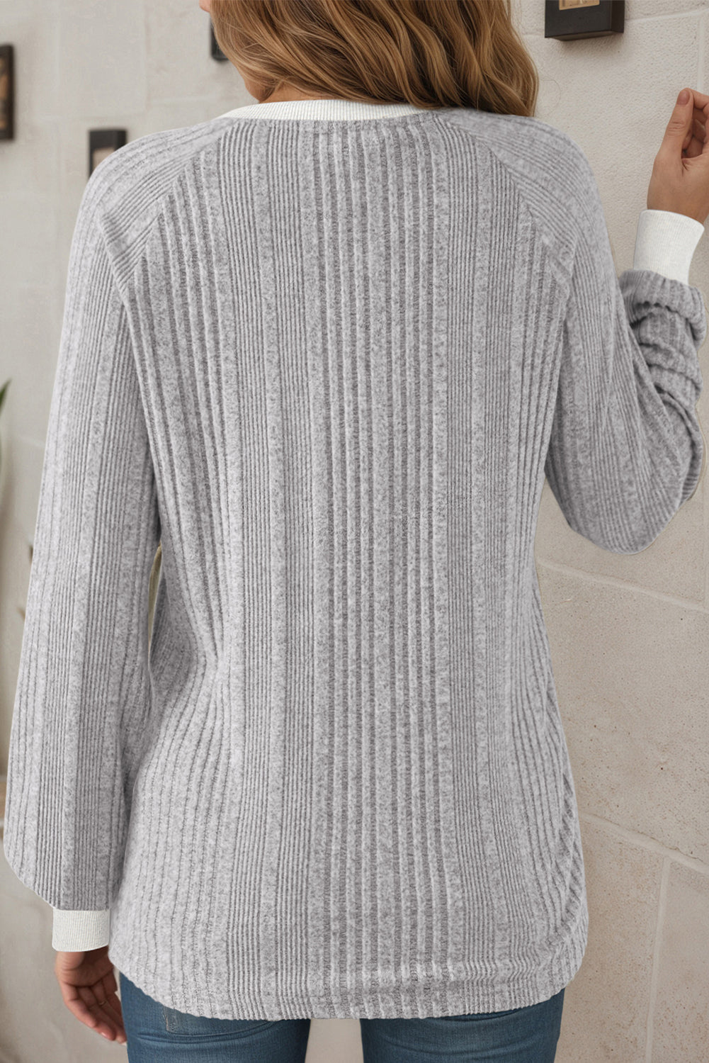 Ribbed Contrast Cuffed Round Neck Long Sleeve T Shirt - eAura