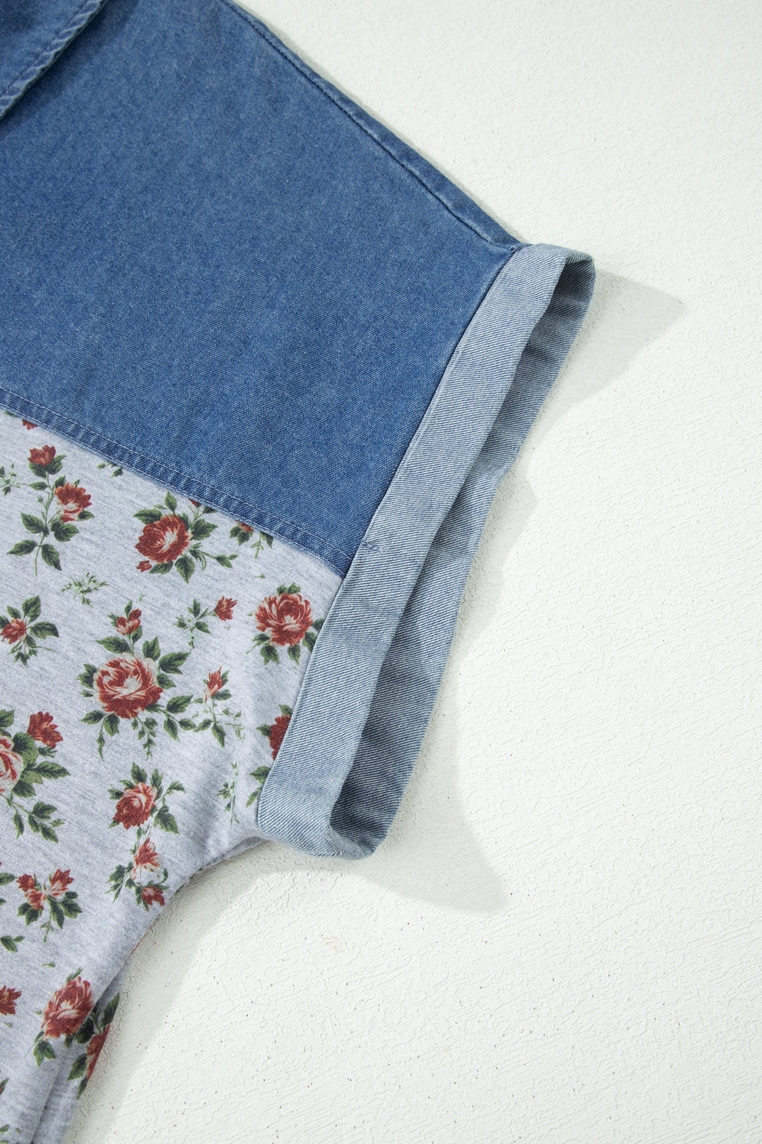 Retro Floral Print Denim Patchwork Plus Size Polo Tee