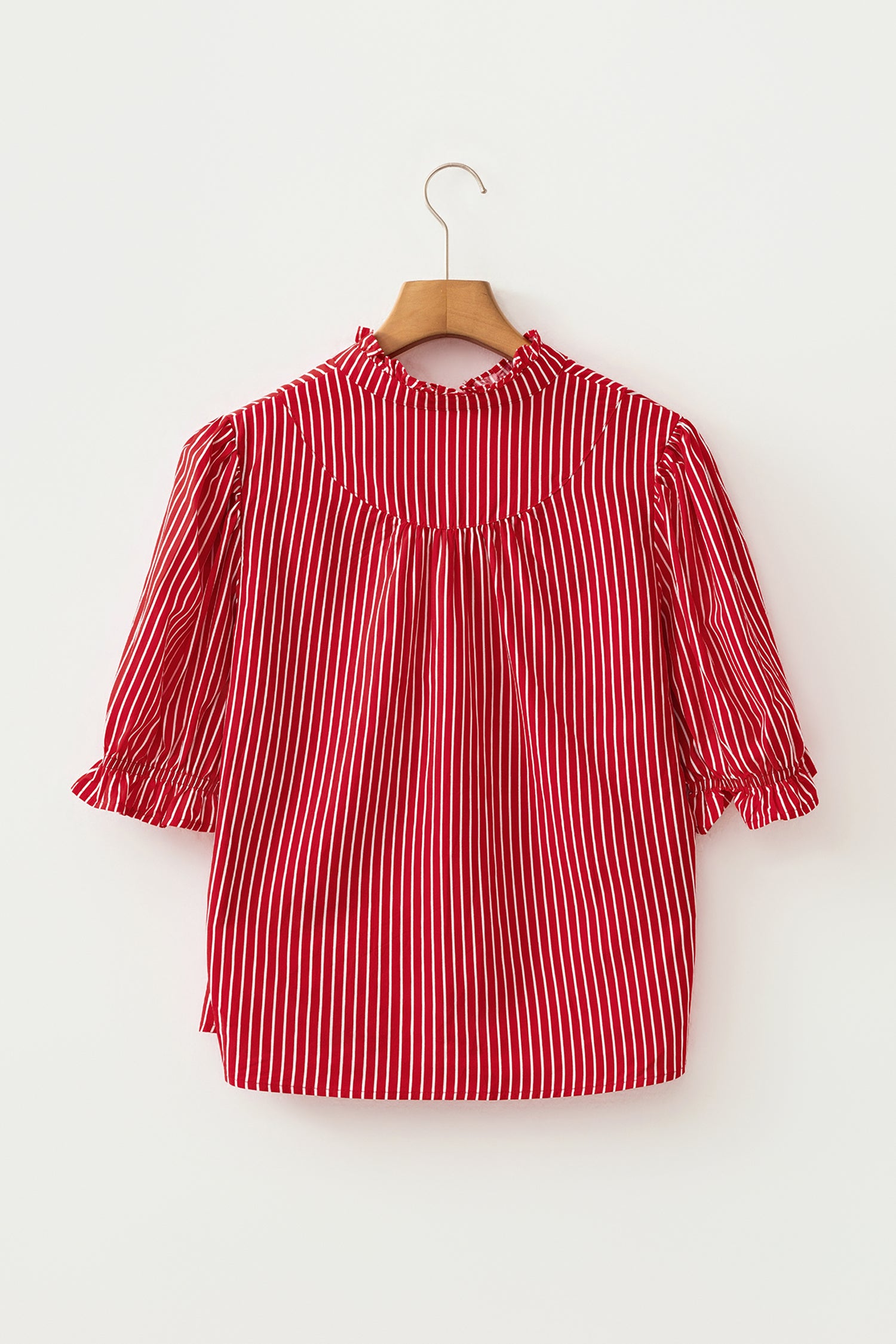 Ruffled Short Puff Sleeve Button Front Blouse – Blue Stripe