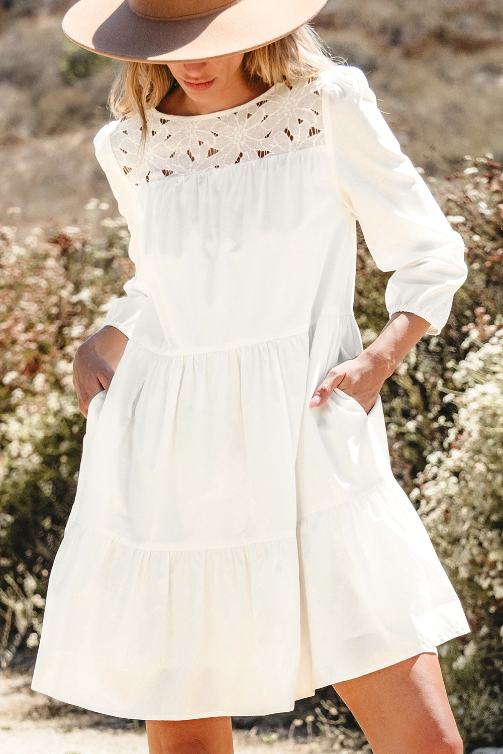White Floral Lace Patchwork Bracelet Sleeve Tiered Mini Dress Beagle Boutique Fashion Outlet