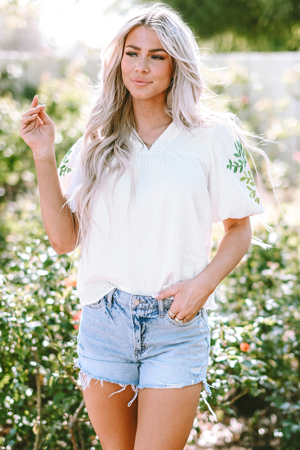 White Floral Embroidered Puff Sleeve Notched Neck Blouse eAura