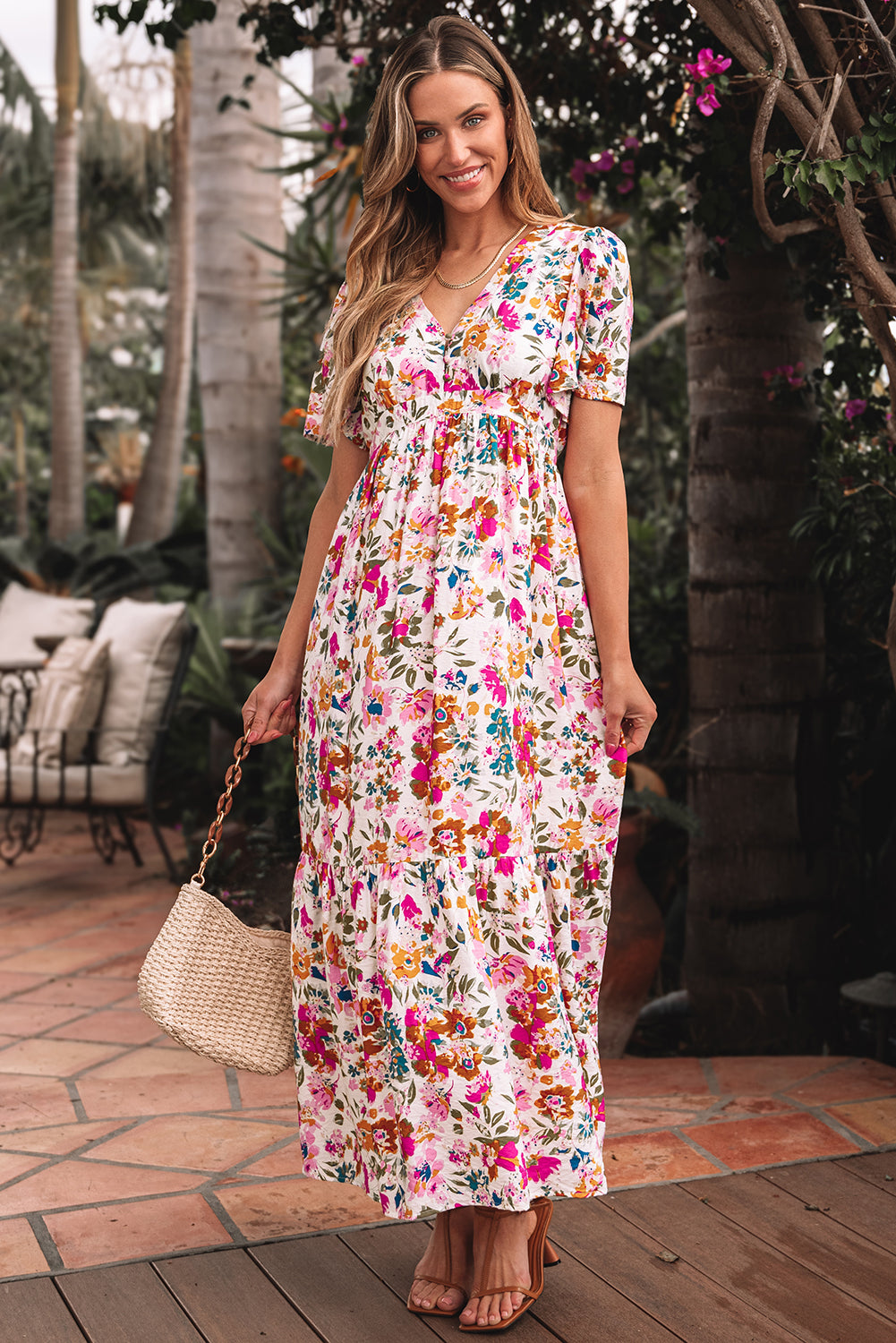 Red Floral Short Sleeve V Neck High Waist Maxi Dress eAura