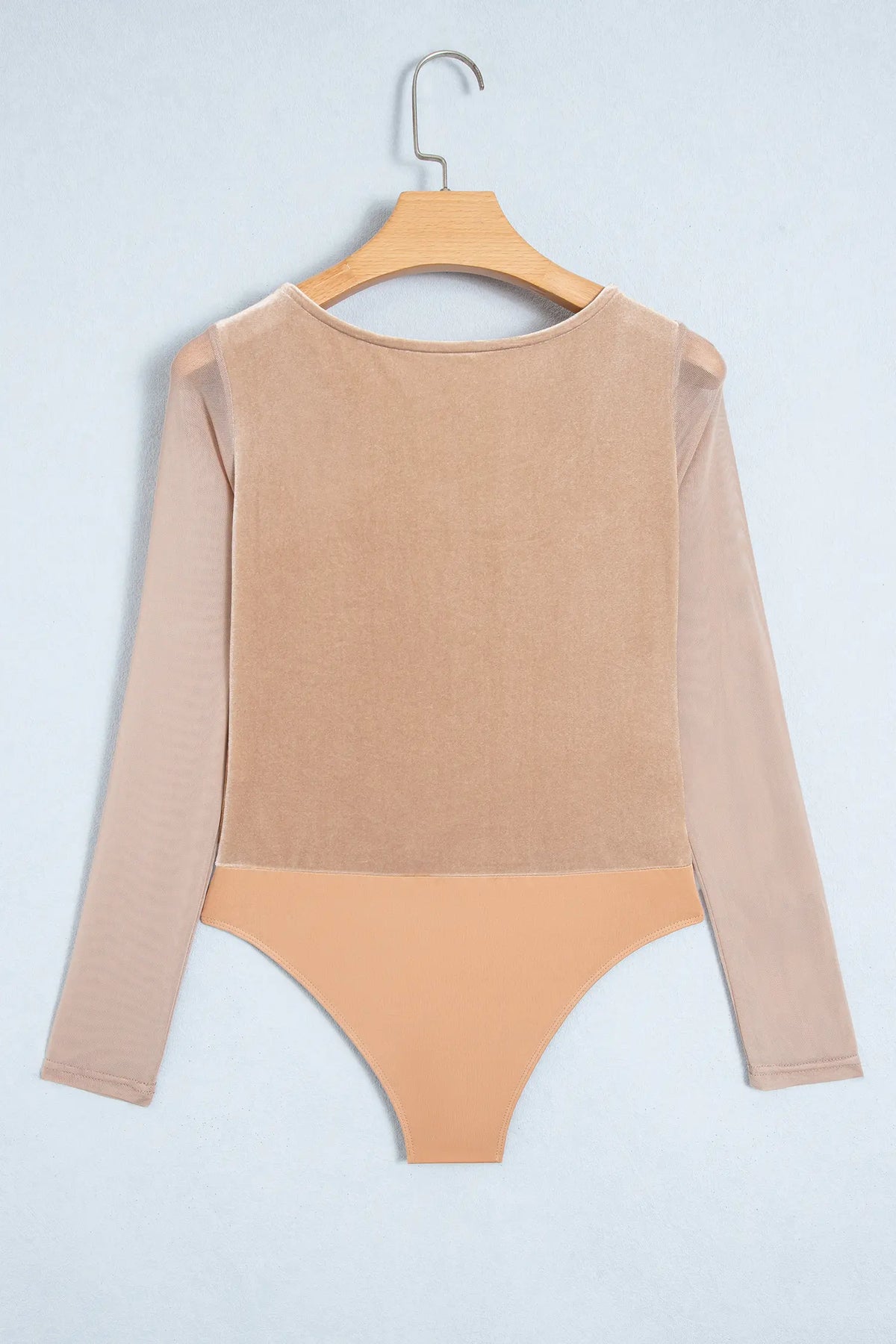 Solid Colour Velvet Knot Square Neck Sheer Long Sleeve Bodysuit – Light French Beige