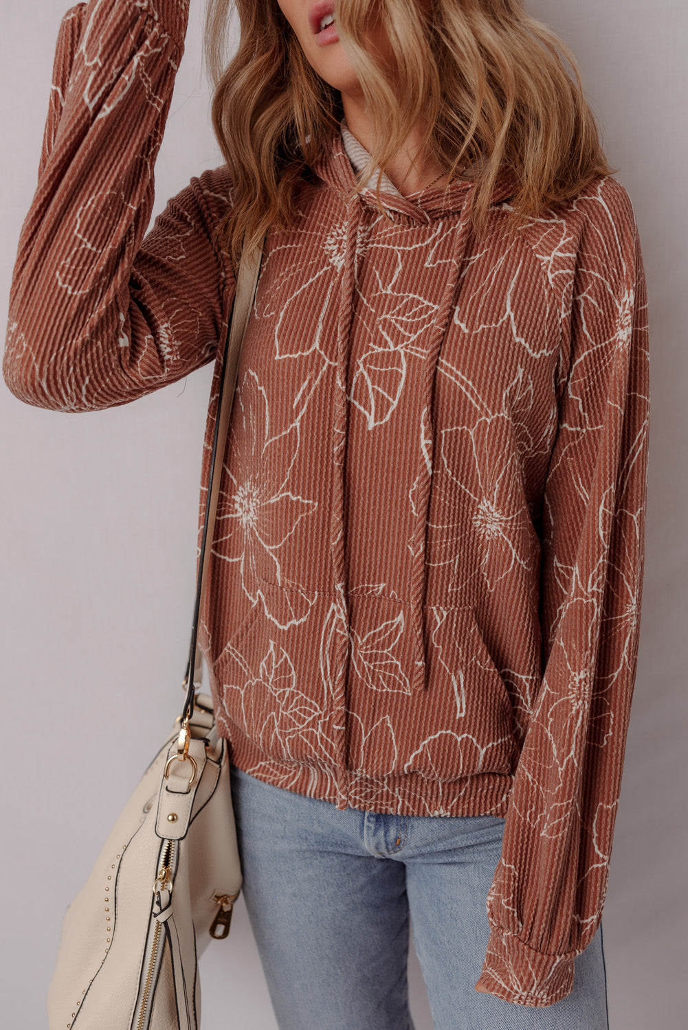 Brown Floral Rib Drawstring Kangaroo Pocket Hoodie - eAura