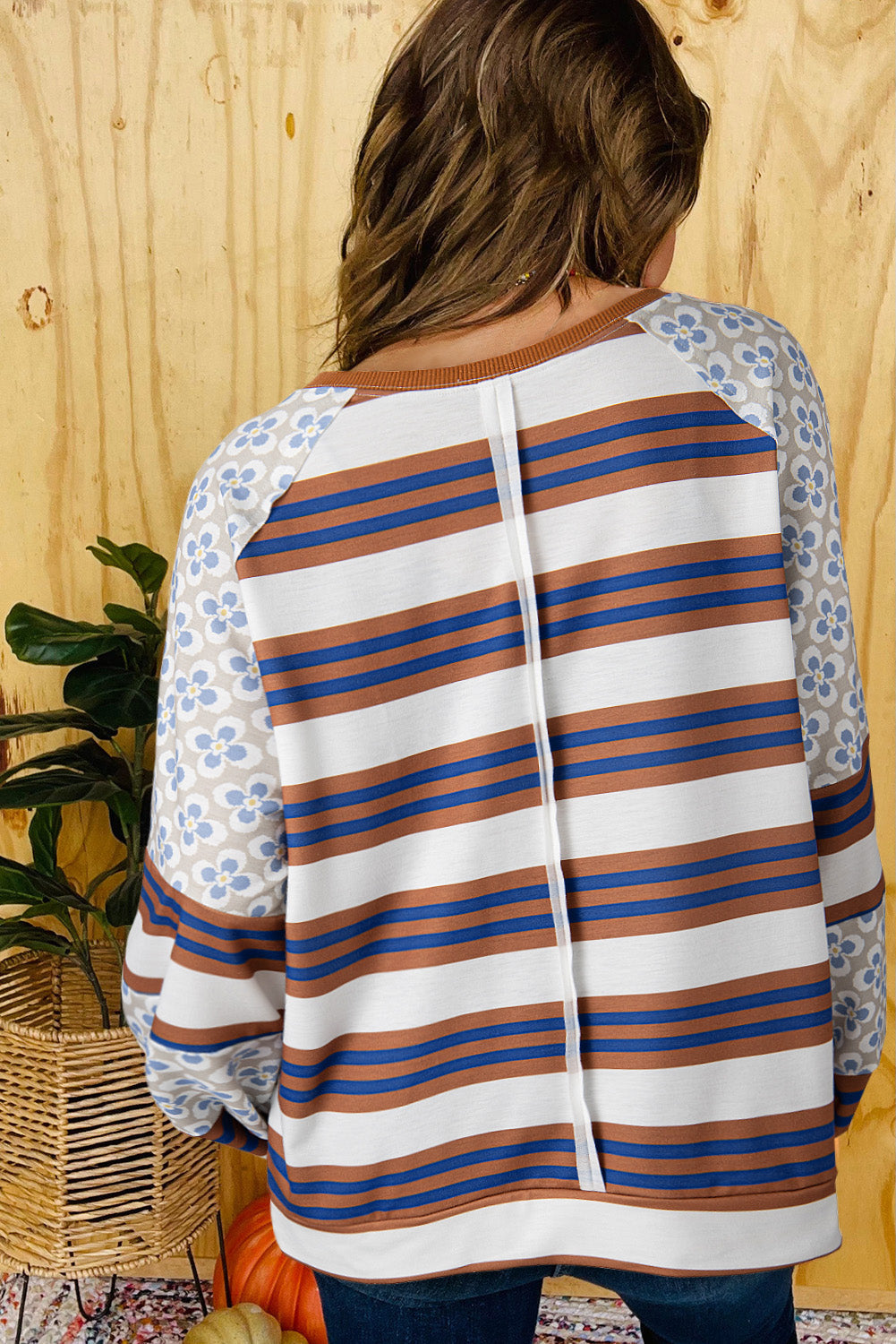 White Striped Floral Printed Patchwork Lantern Sleeve Blouse BB Fashion Outlet