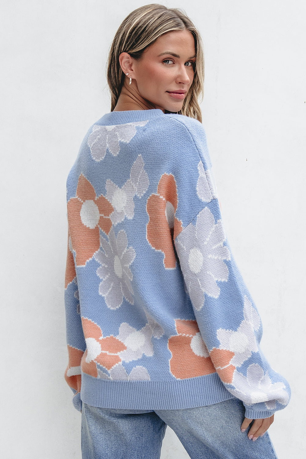 Beau Blue Floral O Neck Drop Shoulder Knitted Sweater eAura