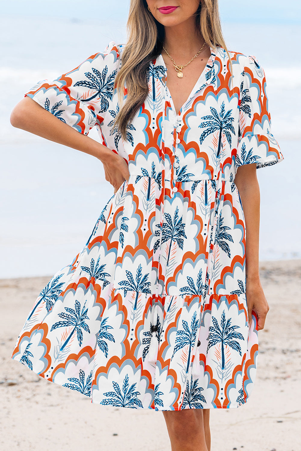 Palm Tree Printed Short Sleeve Flowy Dress - eAura