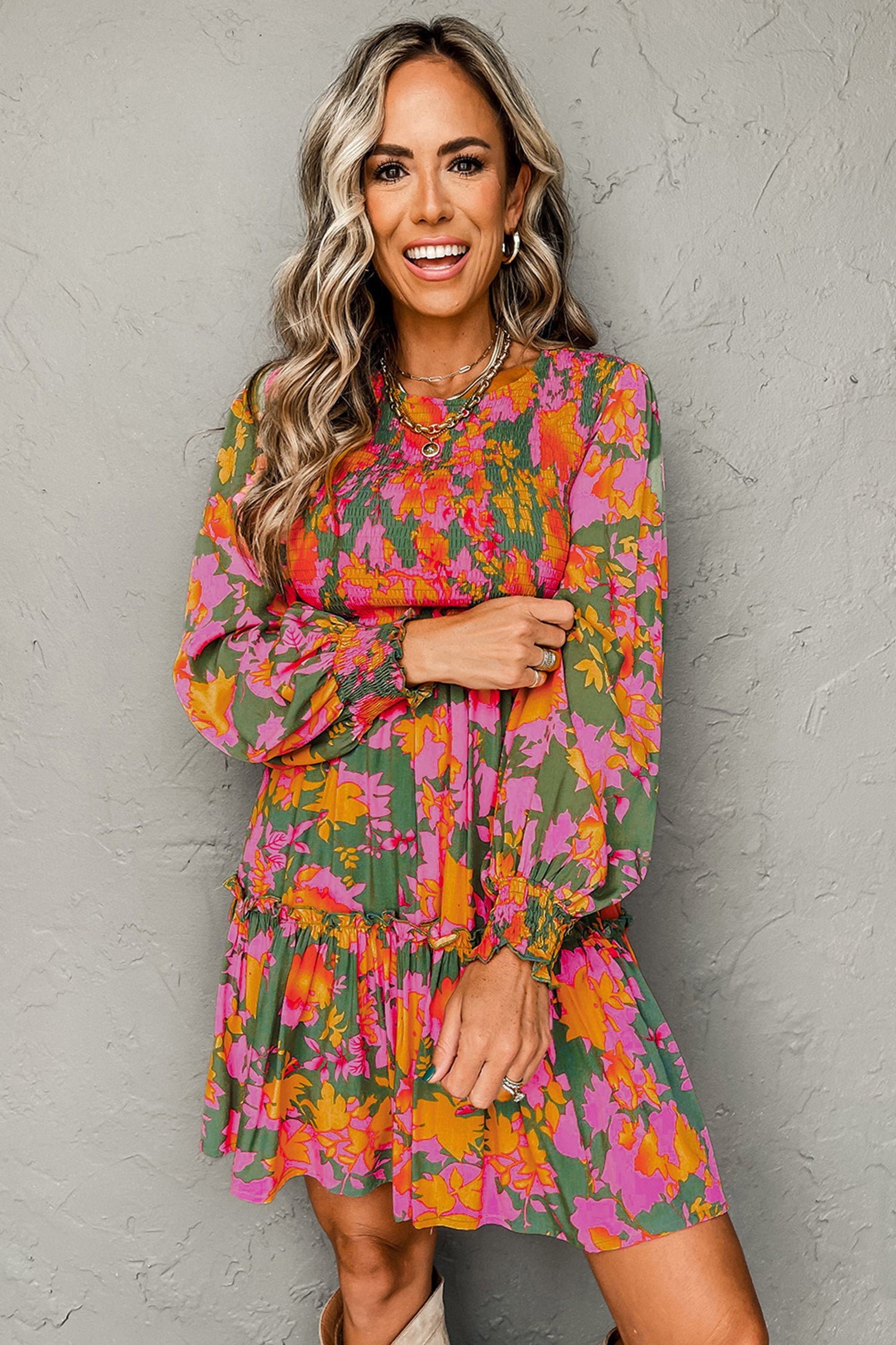 Multicolour Floral Print Long Sleeve Smocked Ruffled Mini Dress - eAura