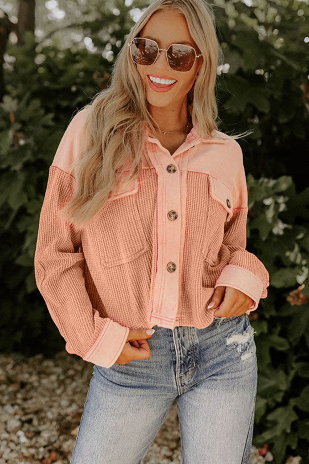 Orange Textured Waffle Knit Chest Pockets Cropped Shacket Beagle Boutique Fashion Outlet