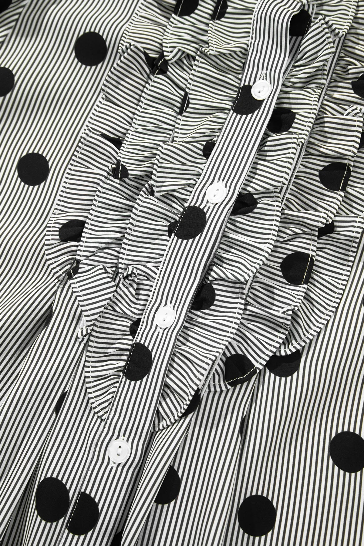 Polka Dot Striped Print Ruffle Stand Neck 3/4 Sleeve Shift Shirt – Black White
