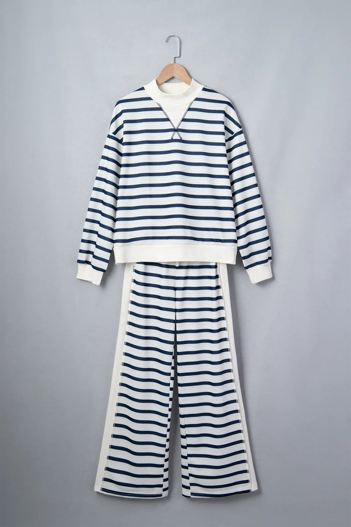 Striped Ribbed Cuff Collar Pocket Loose Pant Set – Blue Stripe