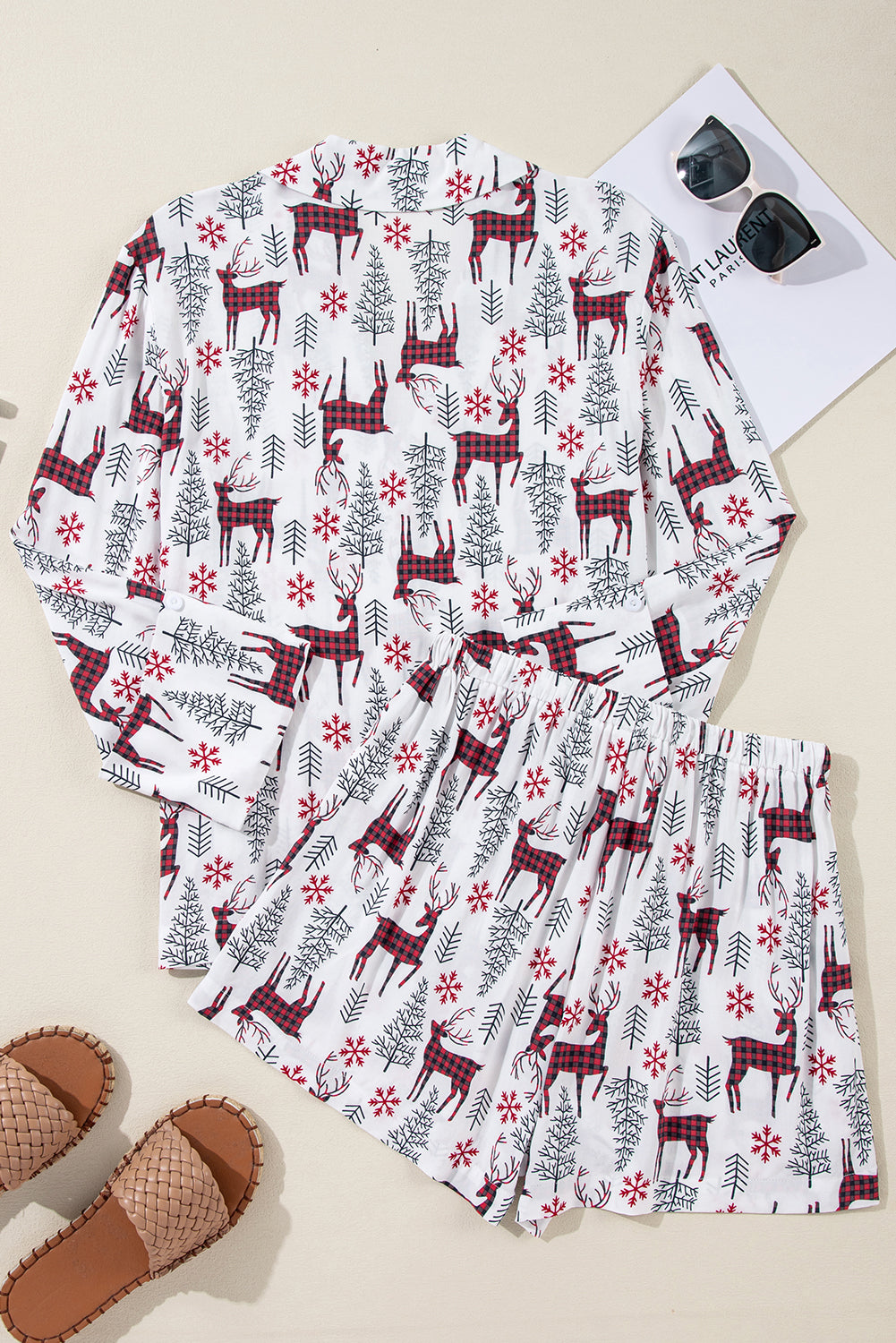 White Christmas Deer Print Shirt and Shorts Pyjama Set - eAura
