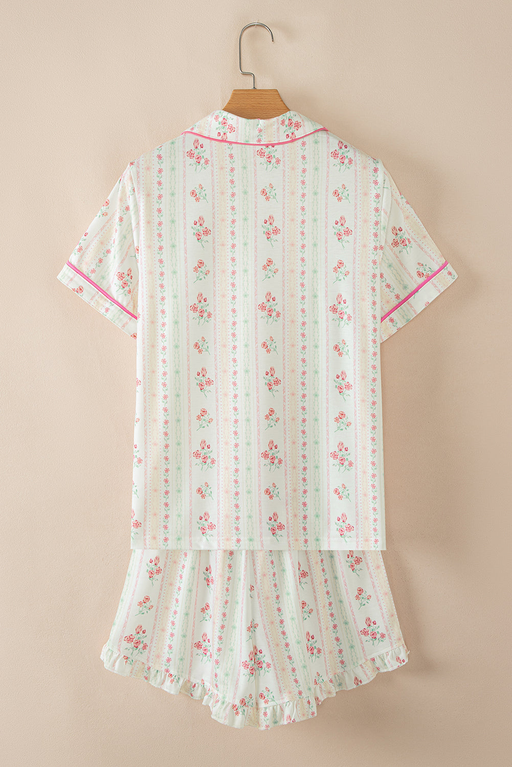 Beige Floral Print Contrast Pipping Short Pyjamas Set eAura