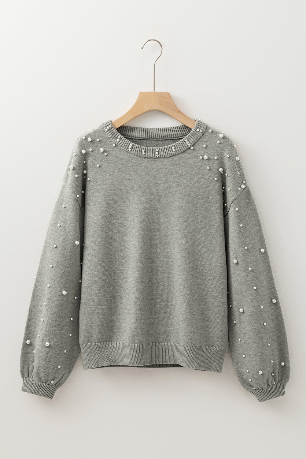 Light Grey Pearled Drop Shoulder Round Neck Sweater eAura