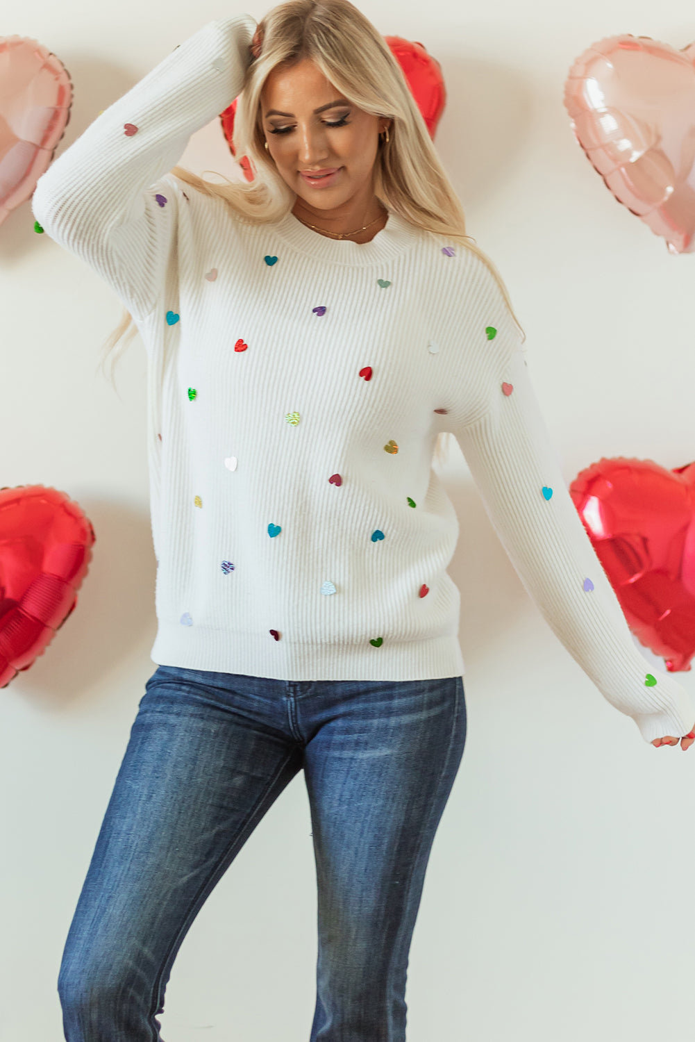 Beige Sequin Heart Shape Waffle Knit Round Neck Sweater eAura