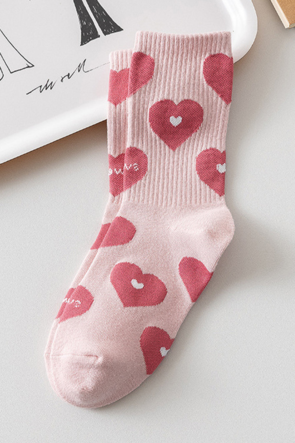 Heart Print Ribbed Trim Soft Crew Socks